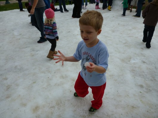 T gets his hands wet and cold in the snow at Rose Park. Notice the T-shirt? Yes, I realize that's pretty bad mothering, but we were more concerned about hopping out of the truck to get into that snow while it lasted rather than actually staying warm. T ran around enough to stay warm anyways (and C later returned with his sweatshirt).