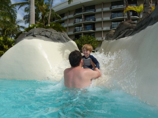 T and C at the "butt cleaner" slide, what we've termed one of two short slides (for obvious reasons from the photo) at the Hilton Waikoloa Village Resort (taken Spring 2011).