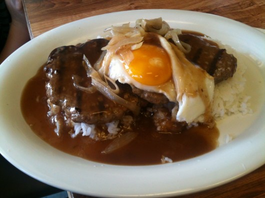 Hawaiian Style Cafe's "loco moco" plate: Two hamburger patties with rice, sunny-side up egg, onions, and gravy. Oh-so-ono!