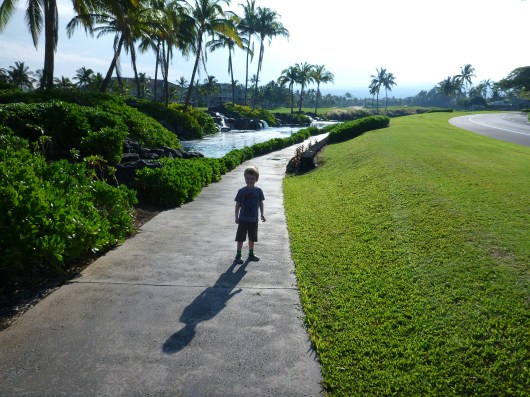 T leads us to the Waikoloa Petroglyph Preserve. We take a well-paved path in a much more modernized part of Waikoloa Beach to get there.