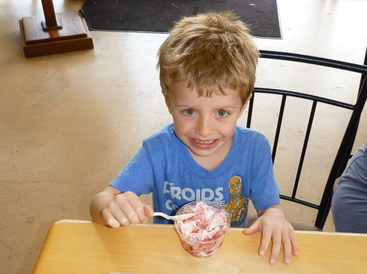 On Day 2 of our Tropical Dreams ice cream tour at Juice 101, T had strawberry again. Only it wasn't the regular strawberry flavor because he'd finished that off in his previous day's visit! The same lovely gal who handmade my mac nut ice cream hand-mixed him fresh strawberries into vanilla bean. SO GOOD.