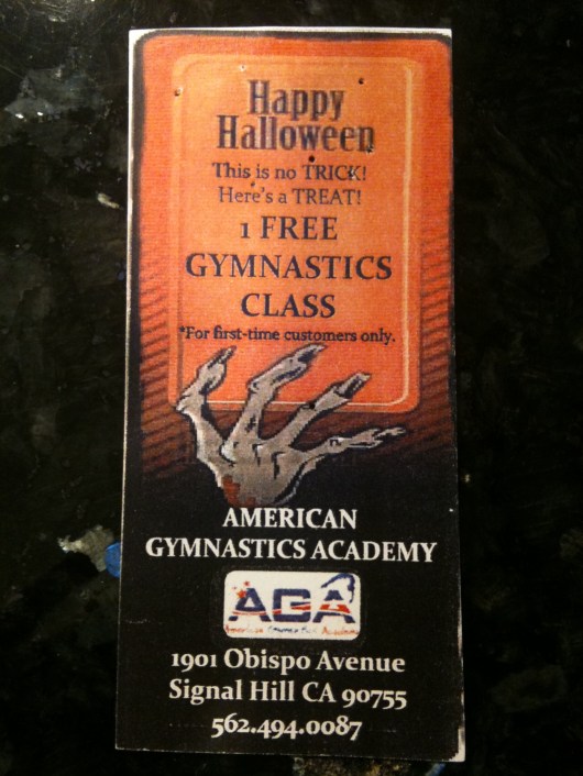 A free trial class ticket we received Halloween 2011. Turns out anyone can get a free trial at AGA; all you have to do is give them a call to schedule it!