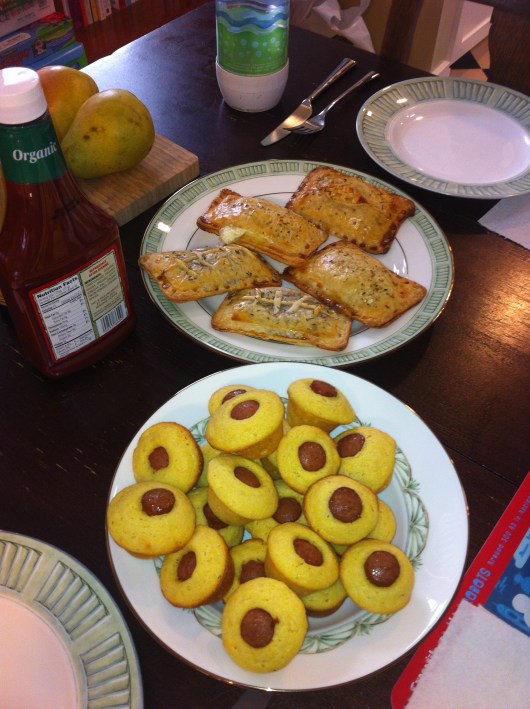 Lunch was chock full of recipe tests for tomorrow's "big game" - pocket (or hand) pies and Corn Dog Mini-Muffins. Yum!
