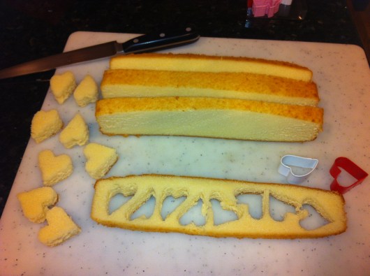 Prepare your pound cake by defrosting it counter-top for 30-to-60 minutes, or if at room temperature refrigerate for about an hour before slicing. The amount of strips needed will depend on your size of cake and thickness of cookie cutters.