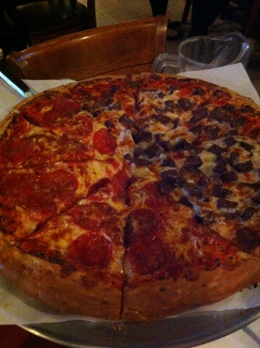 Our half pep-half meatball pizza from Long Beach Pizza Company. Add pitcher of beer, a five-year-old, and his transformers for a perfect family Valentine's Day dinner out (no, really, it was fantastic, including the great food along with fab service).