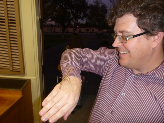 C watches the walking stick crawl on his arm during Math and Science Family Night Out at T's school.