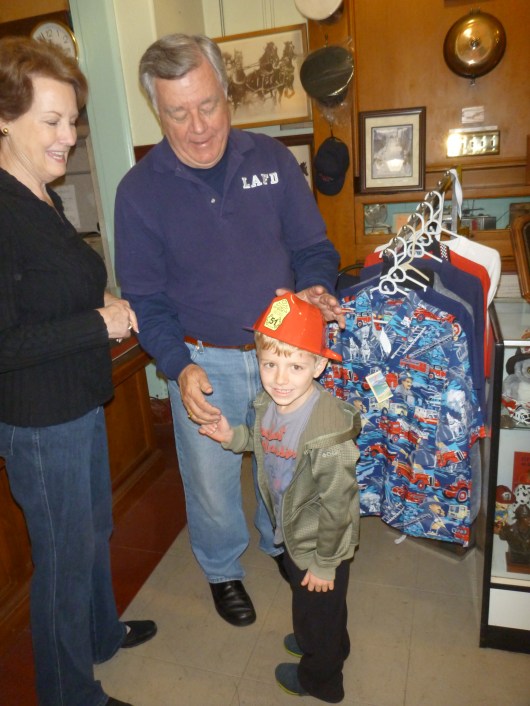 T gets a free hat on our most recent visit to the LAFD Harbor Museum.