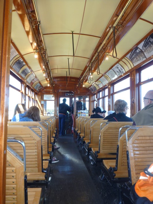 Inside of the Red Car trolley that now runs along a restored railway line on the San Pedro, CA, waterfront.
