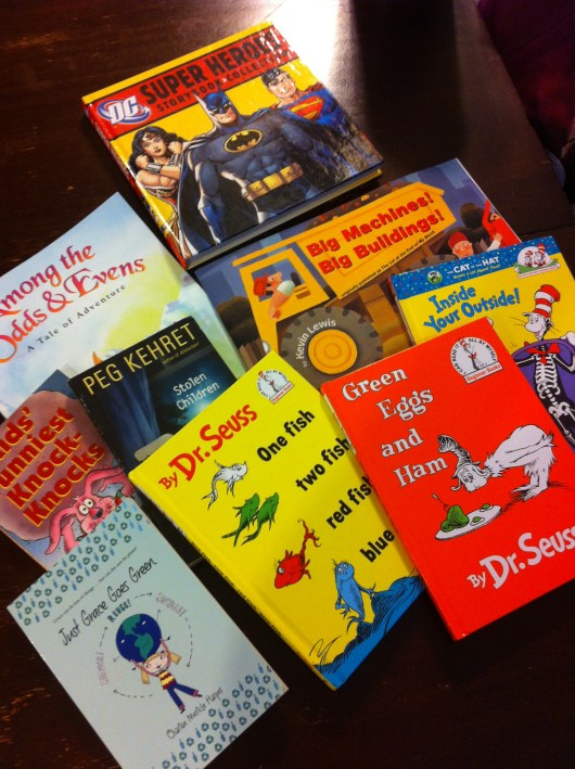 Our book haul for the book drive. Yes, all of this for around $30!