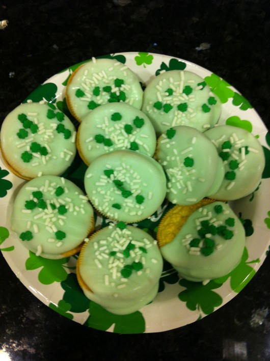 A batch of St. Patrick's Day Trader Joe's Jo-Jos Vanilla Sandwich Cookies.