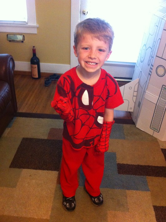 T as Spider-Man for Dress-Like-a-Literary-Character Day at school. Yeah, not so literature-based, but given the TK-age, the teacher gave a loose guideline of any book characters being OK, including comic book characters. No masks, props, or face paint allowed either.