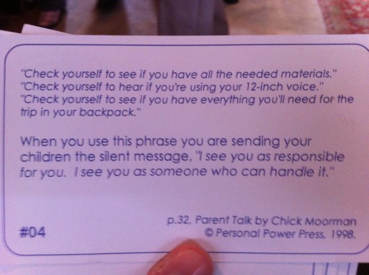 What "check yourself" really means. (Cards from Parent Talk's Chick Moorman.)