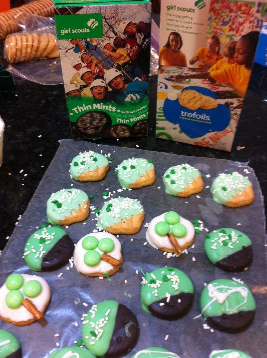 A shot of my St. Patrick's Day treats with a shout-out to the Girl Scout Cookies that made some of it possible.