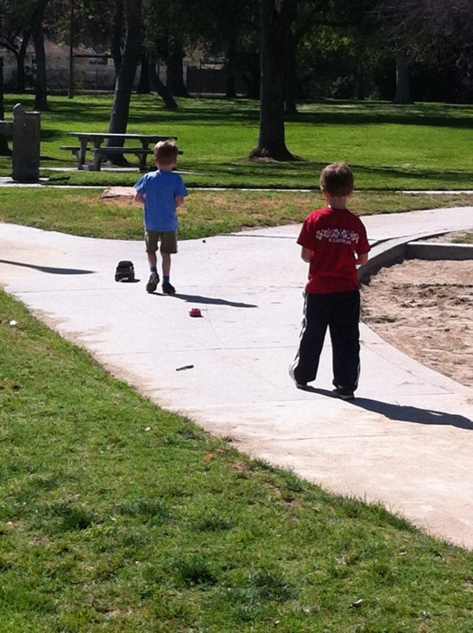 T and his friend H on our first "pick-up" play date.