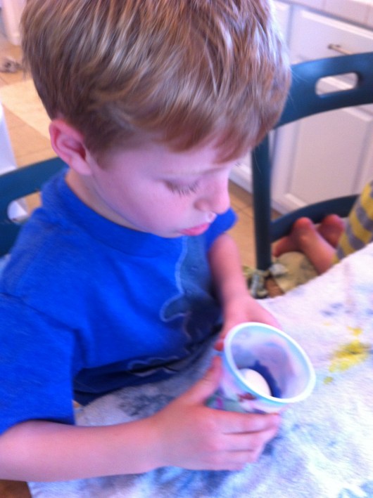 T watching one of his eggs turn blue (or purple?).