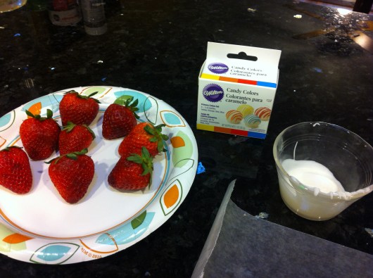 Easter Carrots. Start with some strawberries that are longer and skinnier than the bunch, some orange candy food coloring (NOT regular food coloring, it will not work properly and could cause the chocolate to seize), and melted white chocolate or candy coating like CandiQuik.