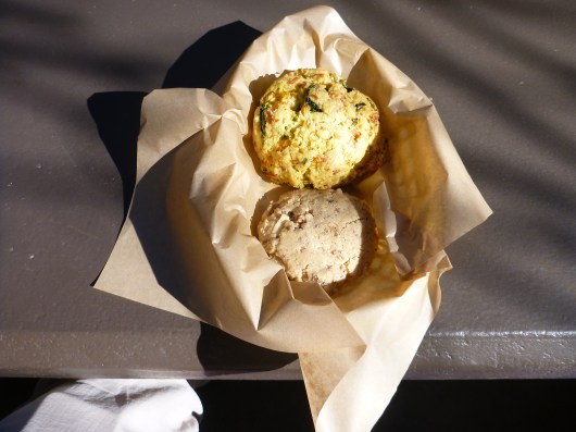A savory scone (top) and sweet brown sugar and toffee cookie of some sort (bottom) from The Trails Cafe in Griffith Park. I could have sworn the cookie was a scone also, but nope, just large, crumbly, and buttery (and very good).