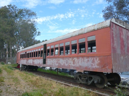 An old but very cool looking Pacific Electric "Red Car" starts off the ride at Southern California Live Steamers.