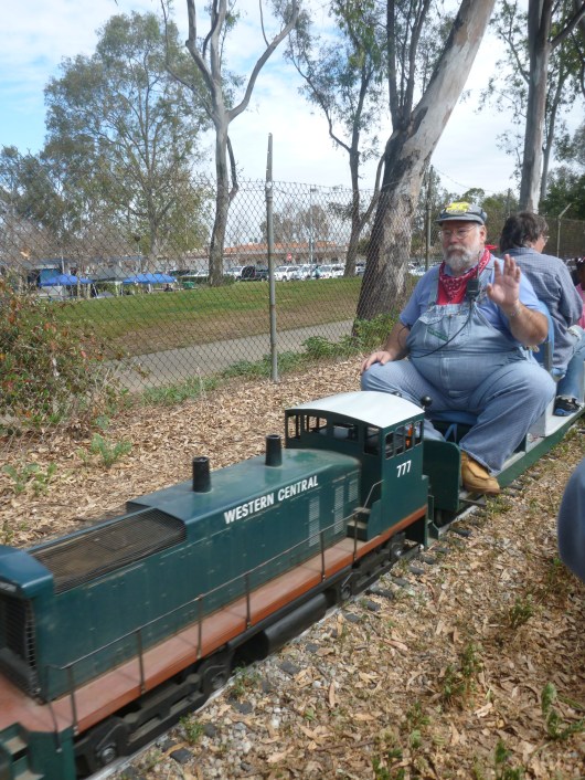 A very lucky shot of the passing driver while riding on the passing train at Southern California Live Steamers.
