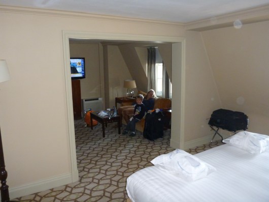 A view into the living-working space of our room at The Waldorf Hilton, London.