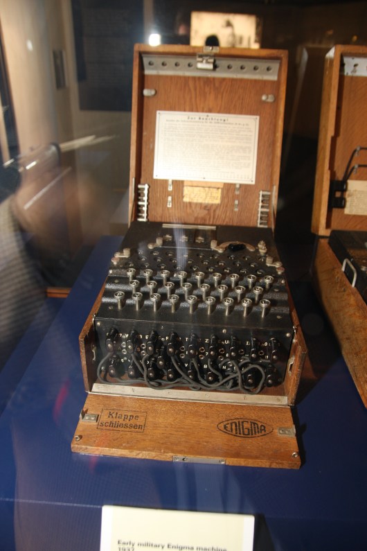 A WWII Enigma machine at Codebreaker: Alan Turing's Life and Legacy, a special exhibit at Science Museum, London.