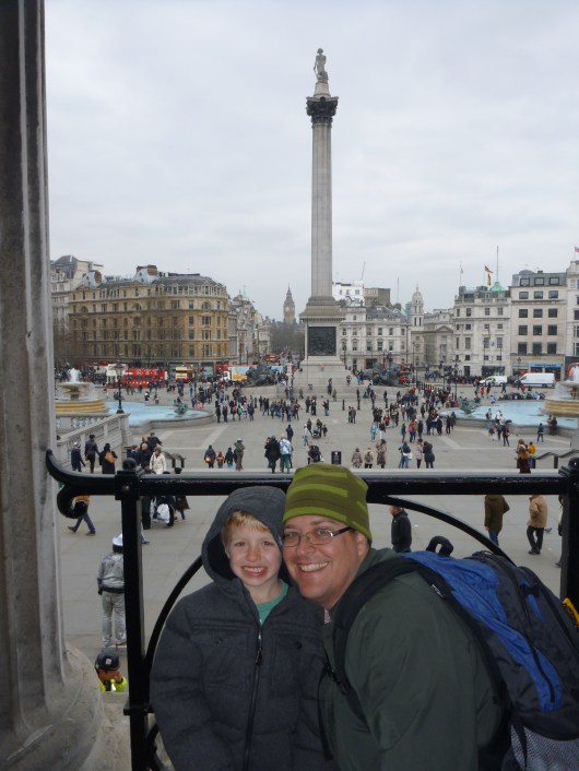 T and C on the balcony in front of the National Gallery looking out over Trafalgar Square.