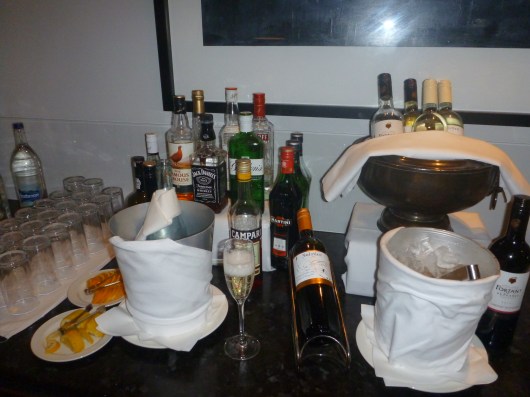 Self-service bar area at The Waldorf Hilton's executive lounge.