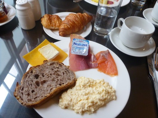 This is how my breakfast looked pretty much every morning during my stay at The Waldorf Hilton, London. This was all from the complimentary breakfast buffet in the executive lounge.