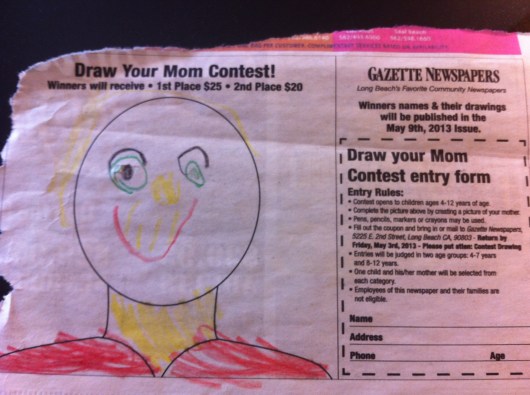 T's personal depiction of me, and T's first contest entry. This is a keeper if they mail it back to us.