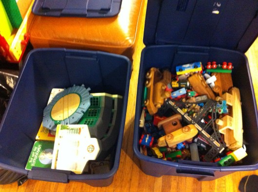 Bye, bye, Thomas. Thomas Trains, that is. Yep, T's done with them, so up to the attic they shall go. These are all keepers for the time being anyway. I can cull and donate another day once we're further from this particular milestone.