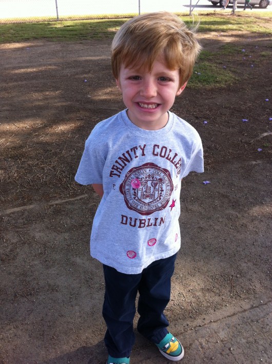 T and his pink stickers for Teacher Appreciation Week. Pink is his teacher's favorite color, so all the kids wore some pink on "fun Friday" for her. Aww!