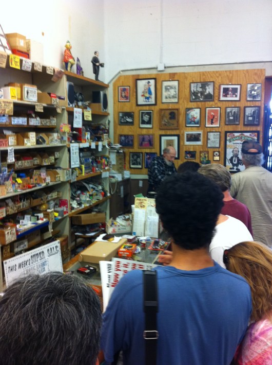 A line for Frederic "Presto" Broder at Presto Magic, his magic shop of 30+ years in Long Beach (CA). The store closes for good May 31, 2013.