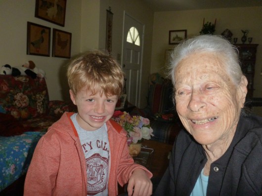 T with his great-grandma H at her house last Sunday.