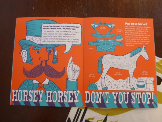 This book is full of oragami-style projects for kids to do after their visit at the London Transport Museum. Each page correlates to an exhibit inside of the museum.