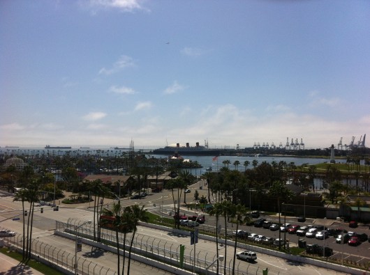 The view toward the Queen Mary from the Ferris wheel at The Pike at Long Beach.