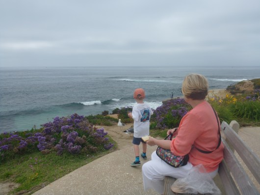 Grandma Beep and T feeding the birds together at La Jolla Cove near Windansea Beach.