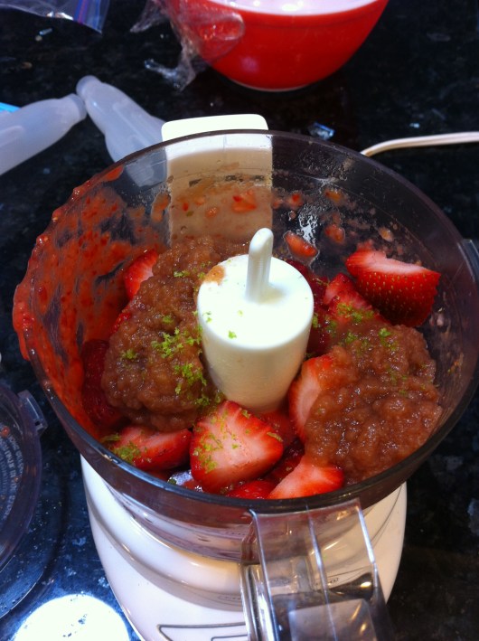 Strawberries, apple sauce, and lime zest can blend up for a zippy-but-sweet ice pop treat!