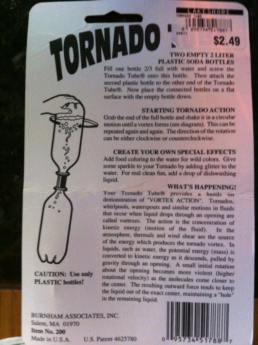 The science part to Tornado Tube. I read this to T after we got started. I should have read it with him beforehand so I knew about filling the bottles properly (oops!).