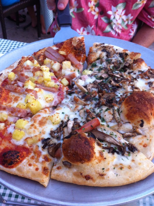 Yummy 1/2 Hawaiian Spam-1/2 wild mushroom pizza from Dona and Toni's at the Hilton Waikoloa Village. I think this was the one dinner we had on-property, and it was a great choice for us (price point, atmosphere, family-friendly).