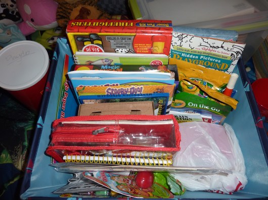 Take an open basket or bin and create your own activity box to pull from the next time your kids are home-bound for whatever the reason!