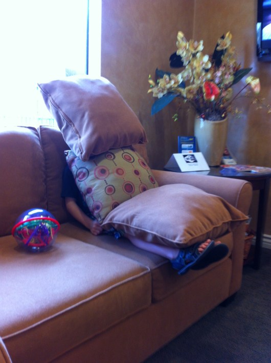 Not sure why T's hiding before his visit with the dentist. This was his fifth or sixth visit (I've actually stopped counting), and it was cavity-free (again)!