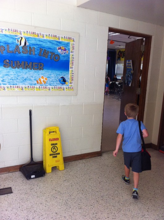 T heading in for drop-off at Pee Wee Camp. Wait up, T!