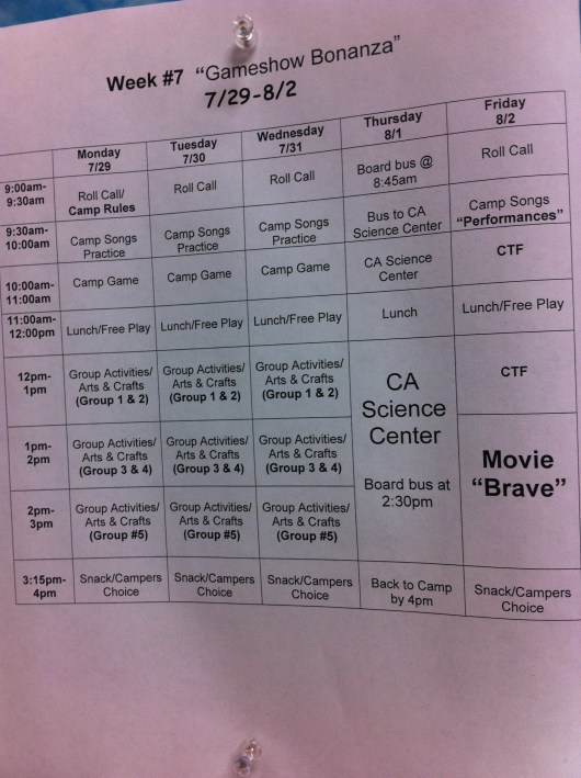 This was the schedule for T's previous week at Pee Wee Camp. As you can see, it's a great mix of structured and free play, activities, and excursions.