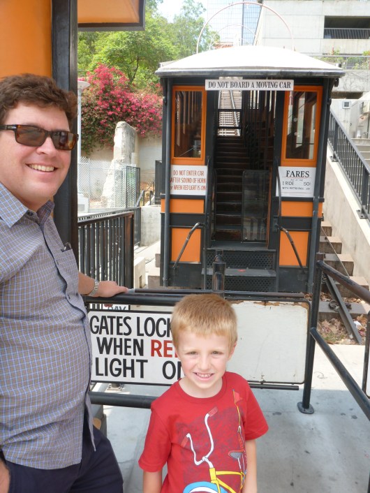 The boys wait to board Angels Flight in Downtown LA.