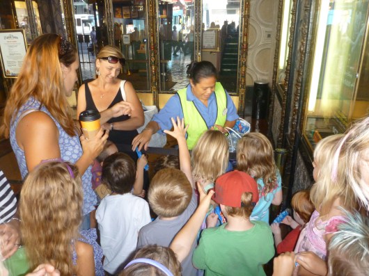 The kids getting their 3D glasses pre-show at the El Capitan Theatre.