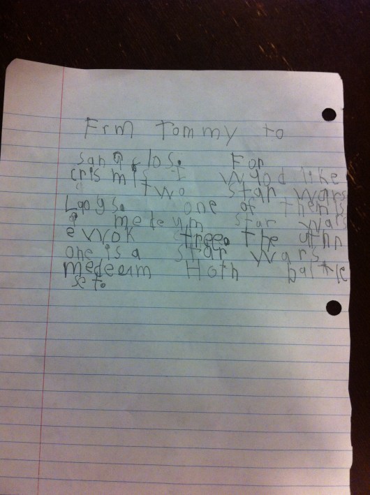 T's first letter to Santa. He took it when he saw "the real Santa at the dentist." He also saw Santas elsewhere this season but those are not the real ones so he didn't talk to or visit with them. Ha!
