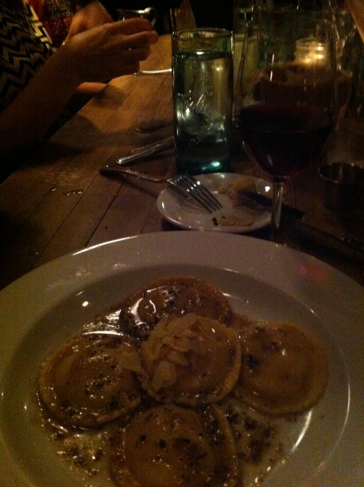 My butternut squash ravioli with some sort of rendered bacon brown sugar and browned butter sauce (!). No sense eating vegetarian without bacon, right?