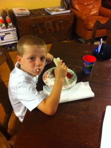 Traditional first day of school breakfast picture. This year it was an egg burrito and strawberries. Nom.