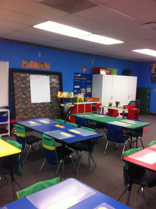 Parents were let into the classroom before the school day started for a quick look as the old bungalows (from the 1950s-!) had been demolished and replaced. You can see how quick our peek was based on the blurriness of this shot. Oops.